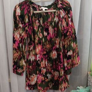 JUNIPER + LIME Floral Print Peasant Blouse in Olive Green and Pink